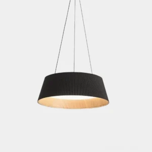 Delta pleated drum pendant light with black fabric shade and wood interior trim, front view on white background