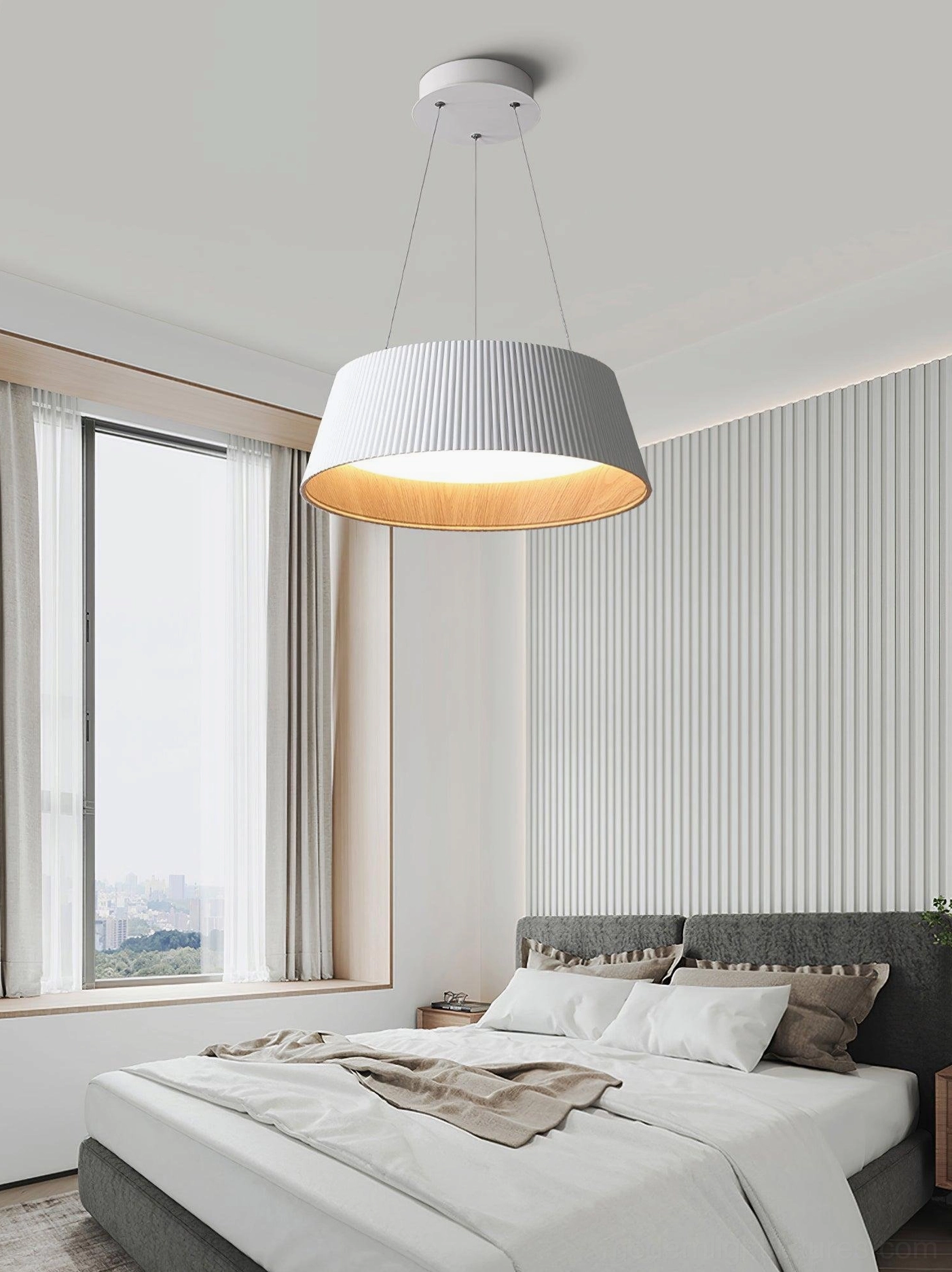 Delta fabric pendant light in Scandinavian master bedroom with grey-white shade and warm wood tone