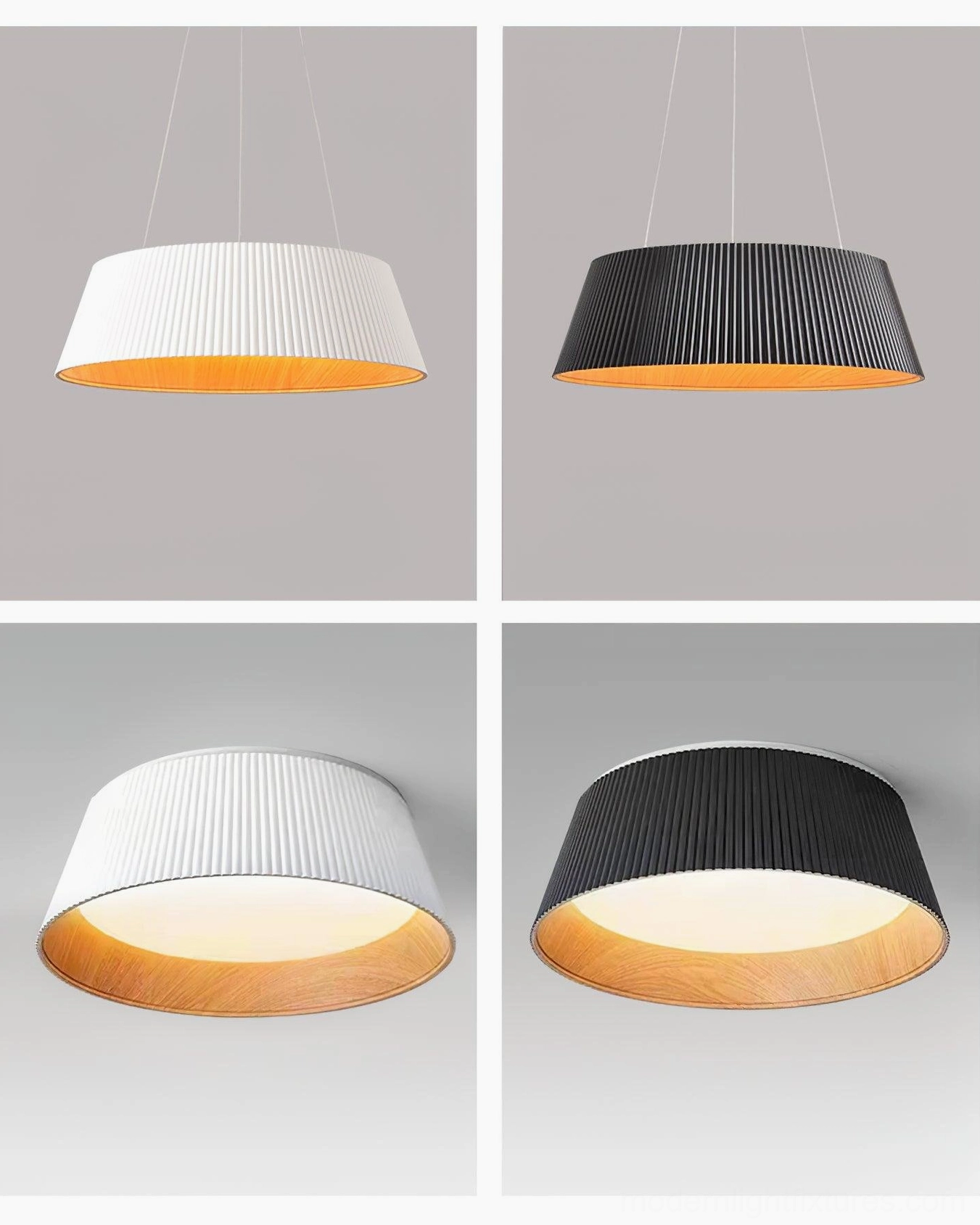 Delta modern drum pendant lamp with integrated LED technology and wood-toned interior glow