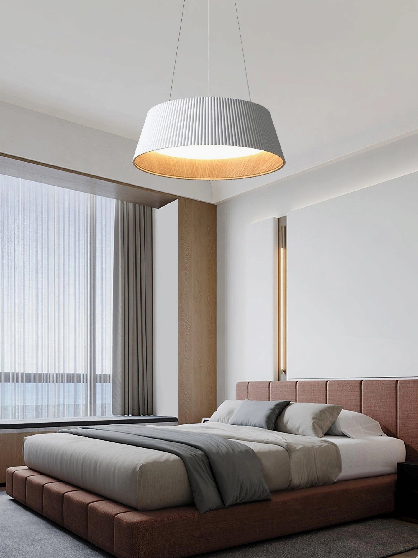 Delta pleated pendant lamp in master bedroom with off-white shade and warm wood interior, Scandinavian style