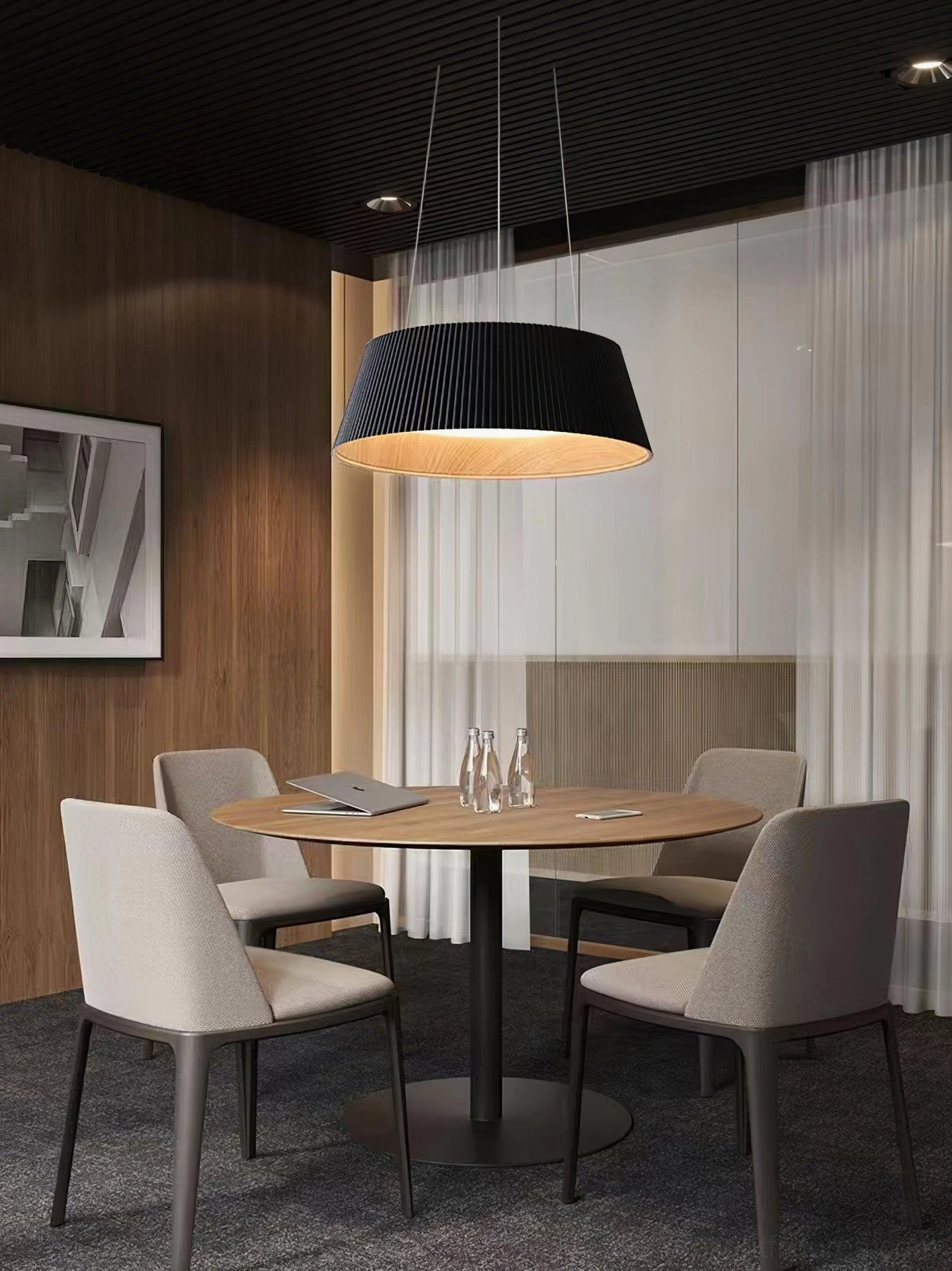 Delta modern fabric pendant light in minimalist space with clean architectural lines and neutral palette