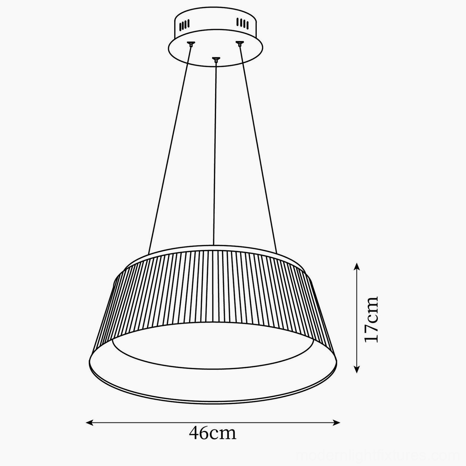 Technical schematic and dimensions of Delta pleated drum pendant lamp, 46cm diameter 17cm height specifications