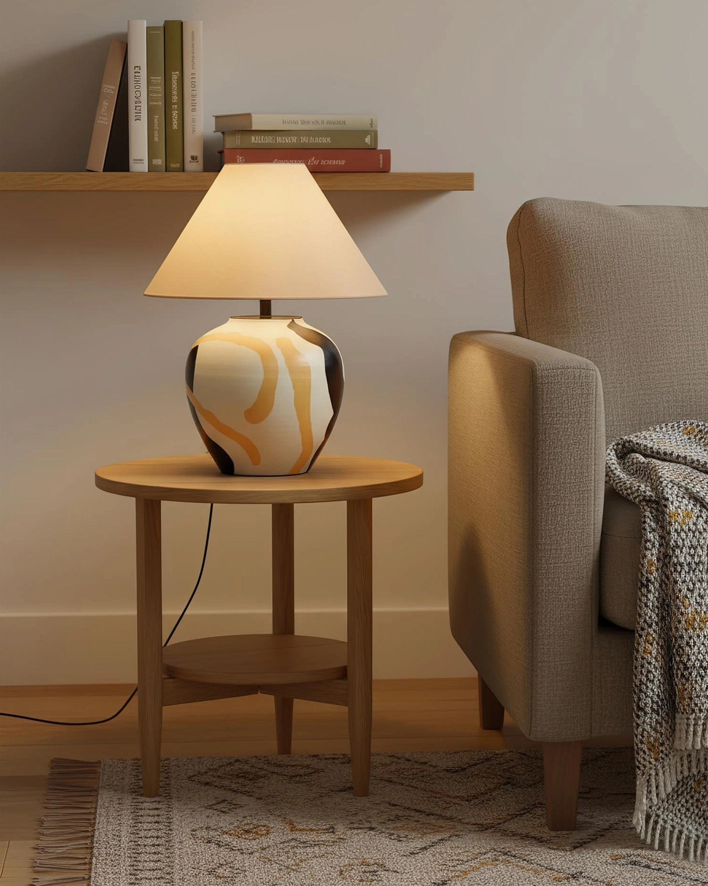Desert Swirl table lamp ceramic base with fluid swirling patterns in earthy tones creating organic movement design