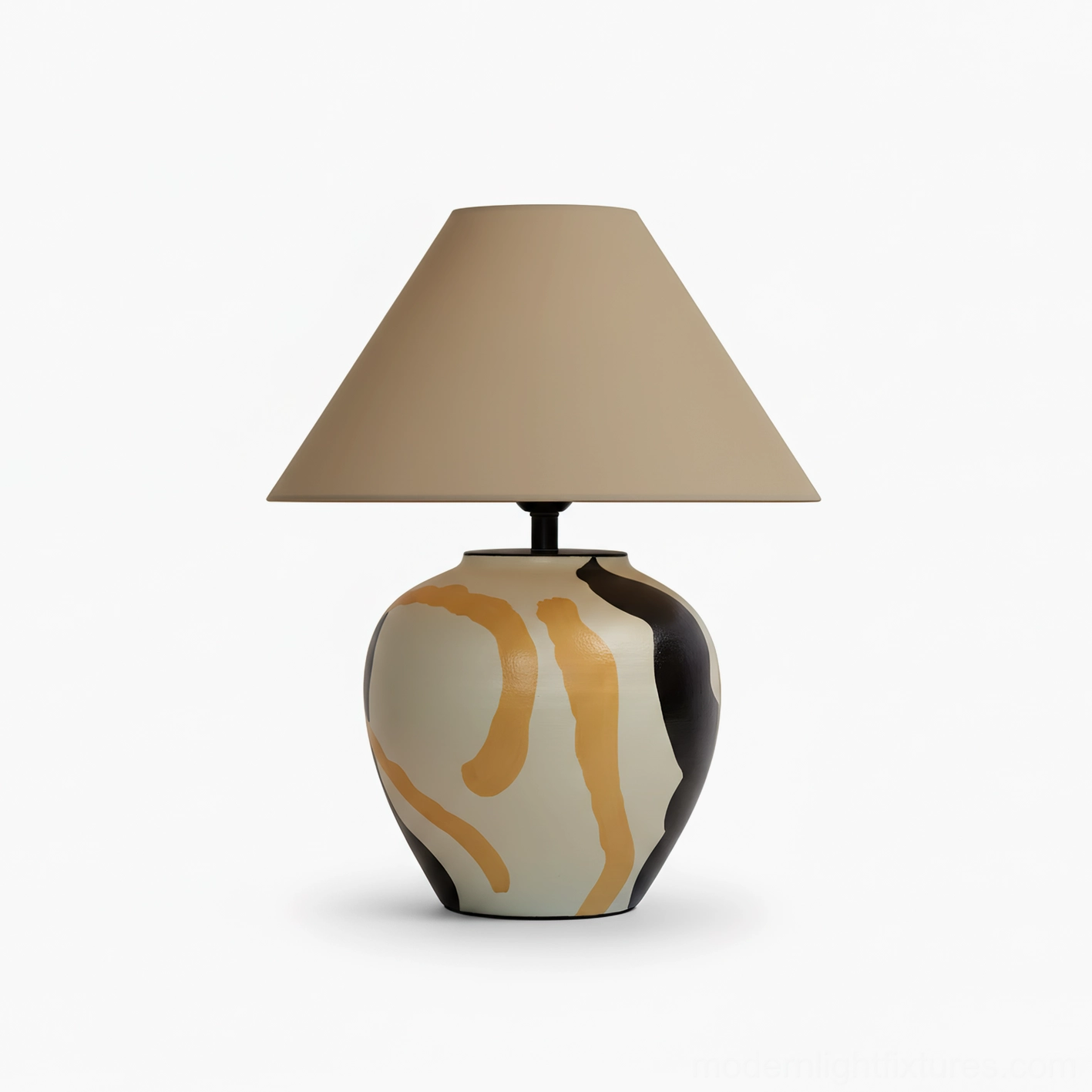 Hand-painted desert swirl ceramic table lamp with tapered fabric shade and swirled glaze base in black and beige colors