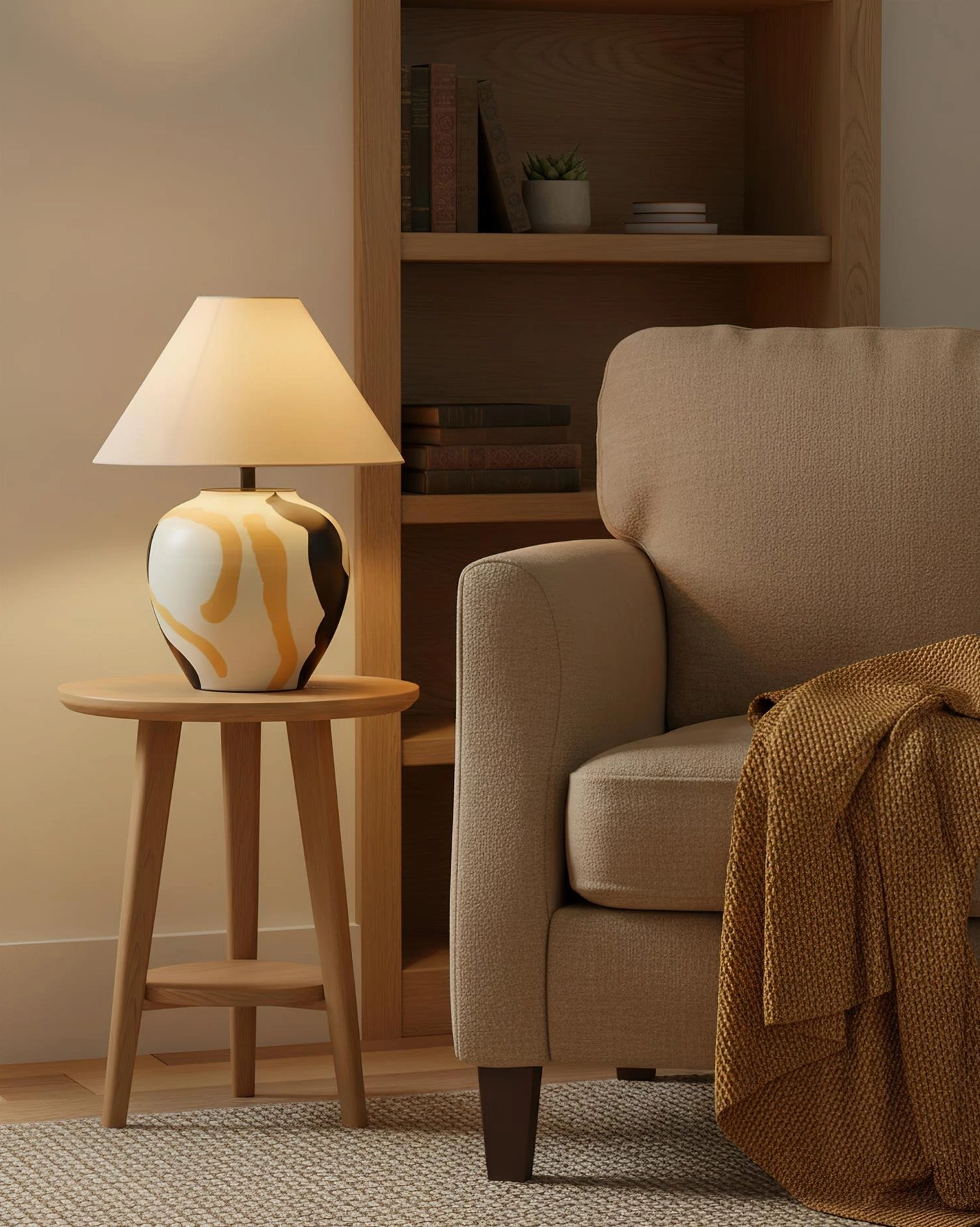 Desert Swirl hand-painted ceramic table lamp complete product view with E26 E27 socket, fabric shade, and artistic base design