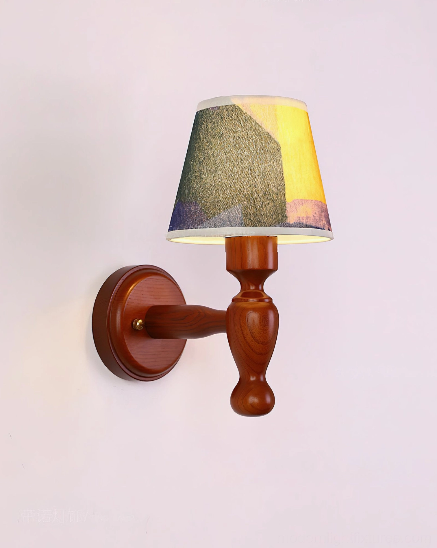 Design-forward wood wall sconce, fabric shade with unique pattern
