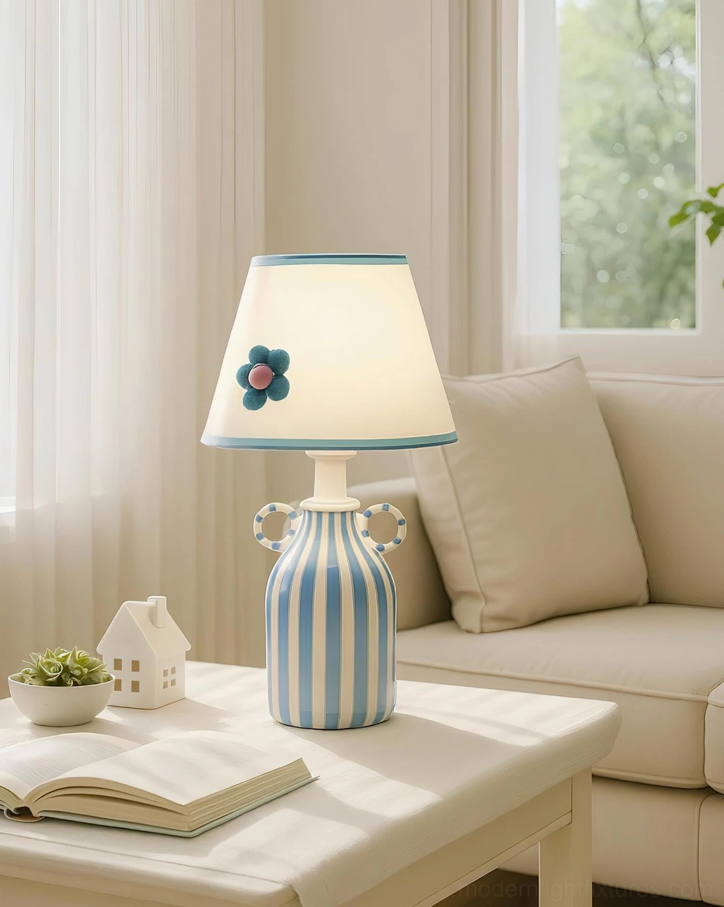 Hand-painted ceramic striped table lamp with artistic felt flower shade - designer home lighting