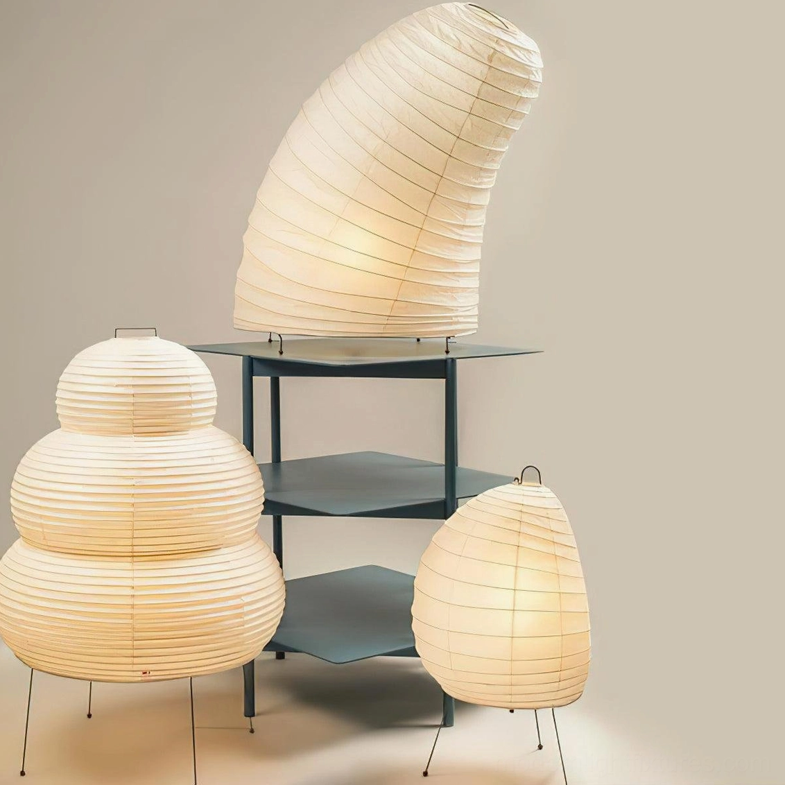 Designer paper table lamp noguchi-inspired minimalist three-quarter view detail shot
