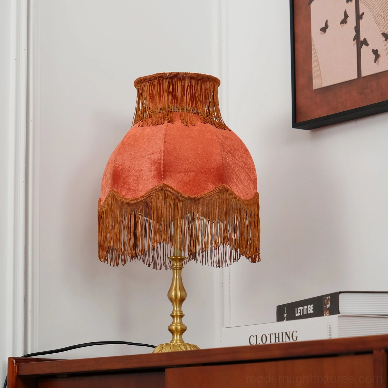 Designer tassel table lamp with vintage-inspired brass base and premium velvet shade