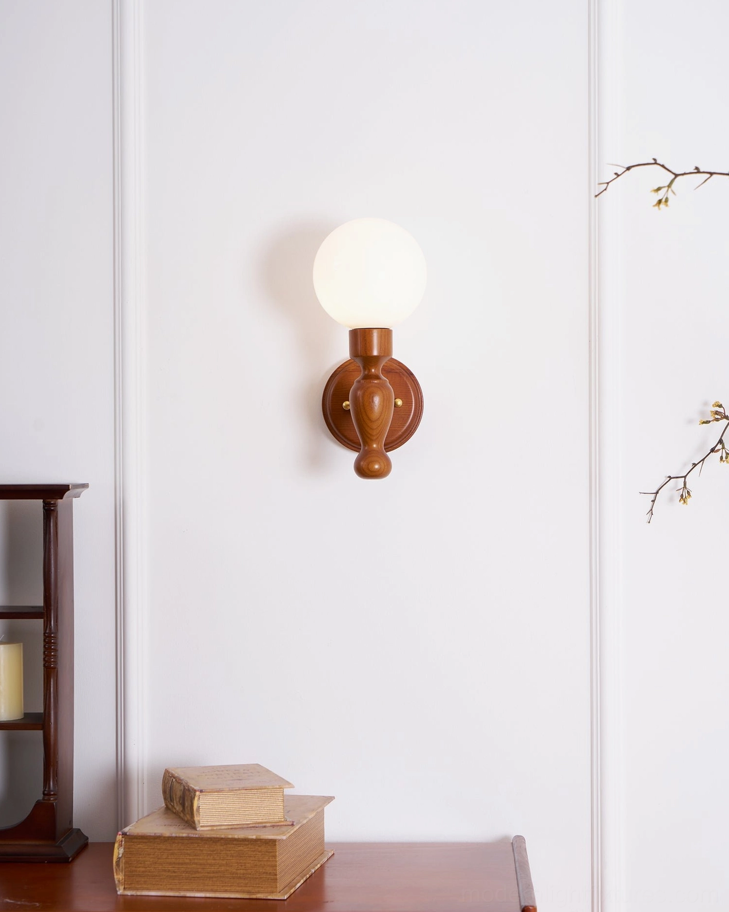 Designer wooden wall sconce with patterned lampshade, contemporary fixture