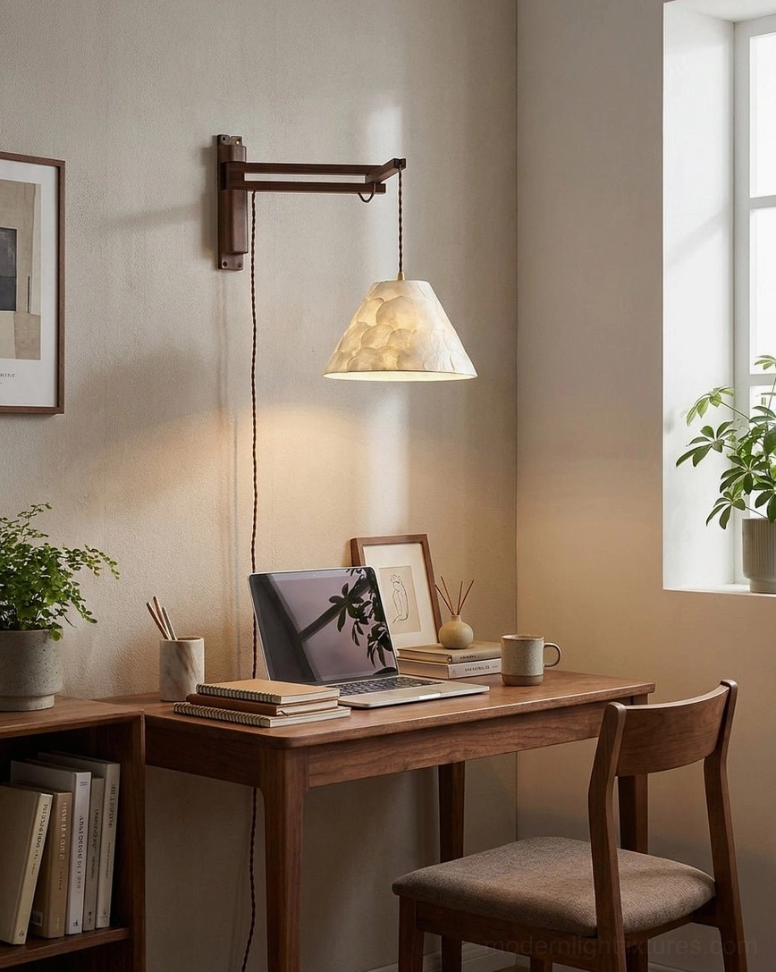 Plug-in wall sconce above desk in Japandi minimalist home office, task and ambient lighting