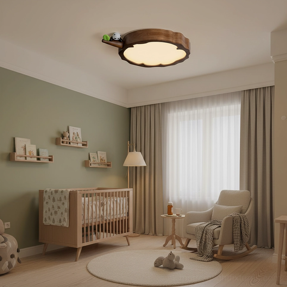 Detailed view of handcrafted animal ceiling lamp figurine and wood construction quality