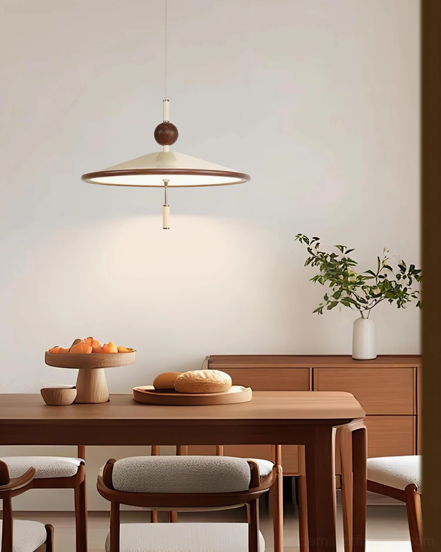 Devon acrylic pendant lamp multiple angles showcase walnut beige color options mid-century design