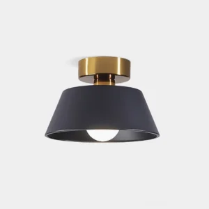 Devon modern semi-flush ceiling light with matte black shade and brass base, front flat lay view on white background