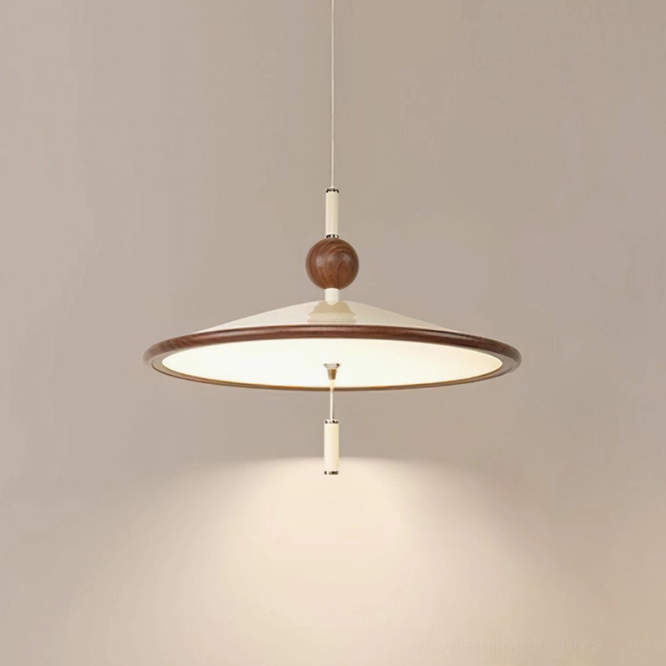 Devon pendant lamp illuminated low-angle detail view showing wooden sphere top and beige color options