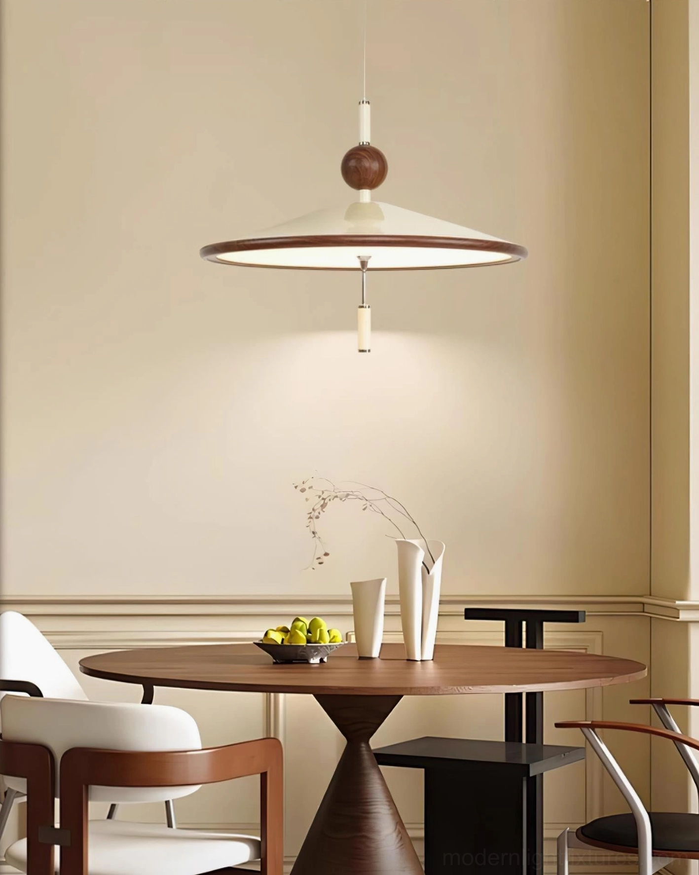 Devon pendant light overhead view above small round dining area cozy retro aesthetic intimate setting