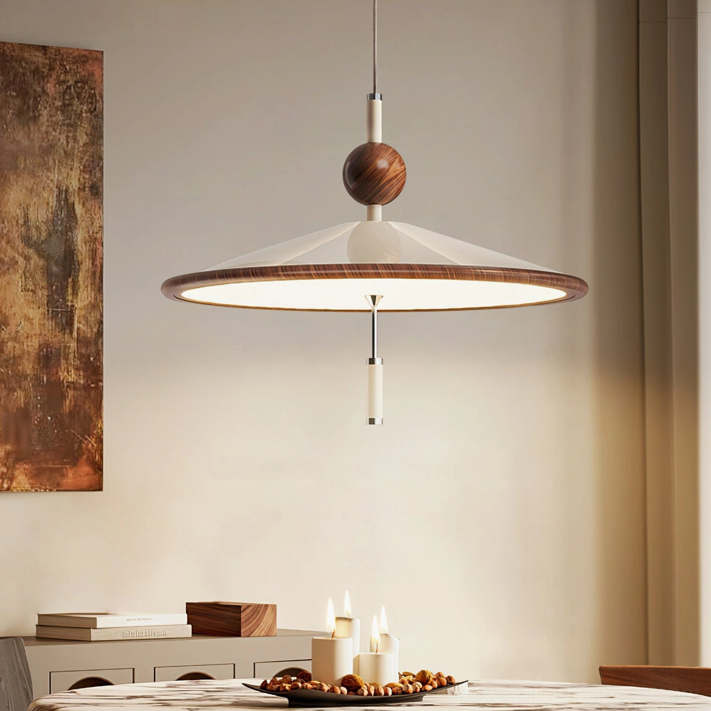 Devon pendant light installed above formal dining room table creating warm ambient lighting