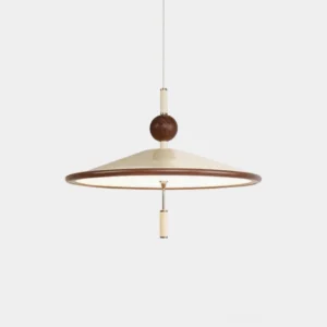 Devon mid-century modern pendant light front view with walnut wood-accented acrylic shade on white background