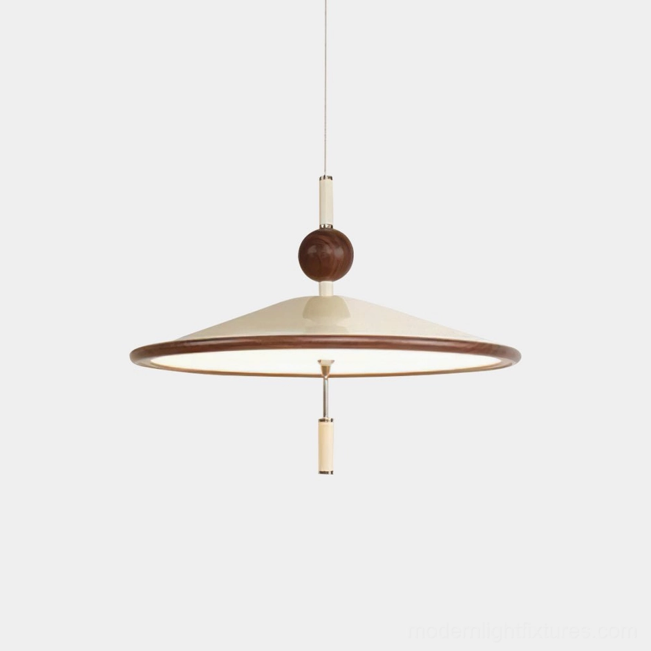Devon mid-century modern pendant light front view with walnut wood-accented acrylic shade on white background