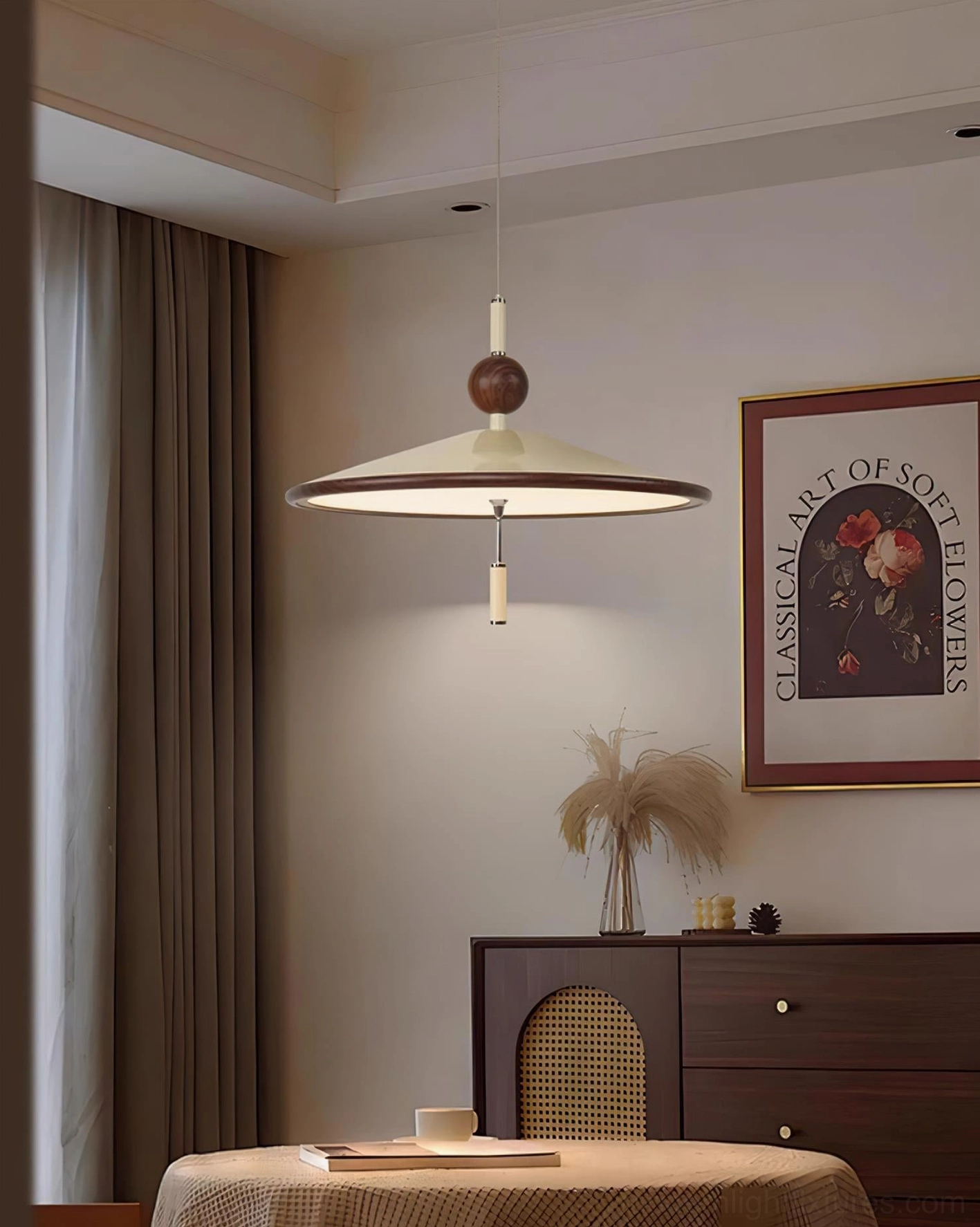 Devon pendant light shade close-up detail water transfer printed wood trim craftsmanship