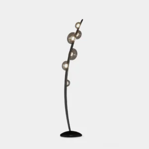 Dew Drops modern floor lamp with curved metal stem and hand-blown glass orbs, front view against white background
