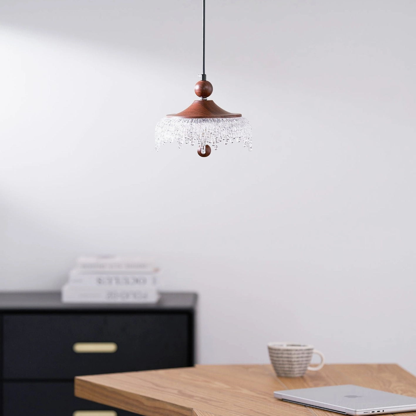 Dewdrop Halo contemporary pendant light fixture, detailed walnut wood and glass construction