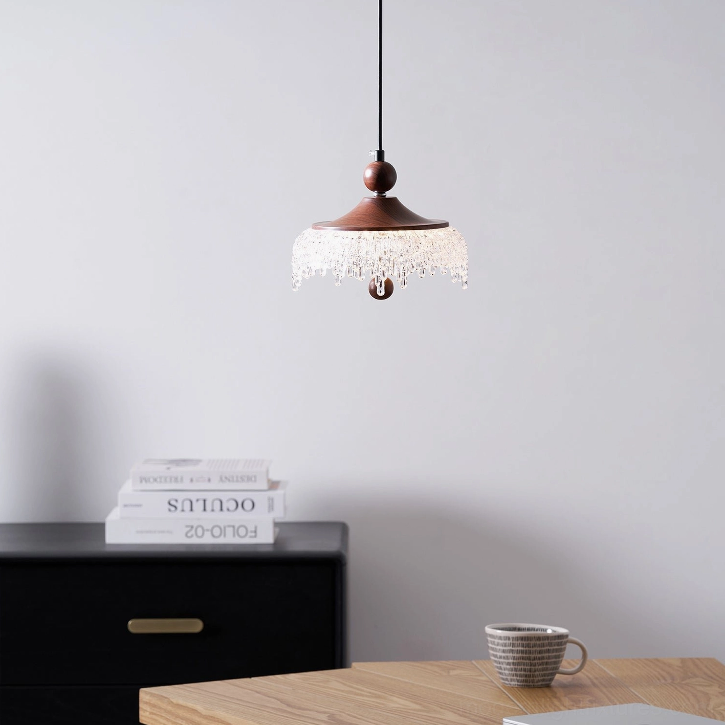Dewdrop Halo rustic wood pendant light for modern farmhouse and transitional interiors