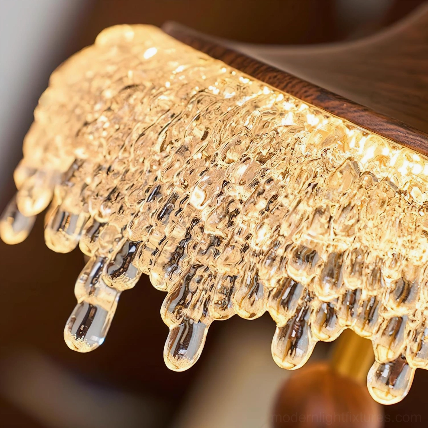 Dewdrop Halo pendant light fixture mounted showing hardwired installation and wood cap design