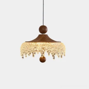 Dewdrop Halo rustic wood and clear glass droplet pendant light, front view on white background