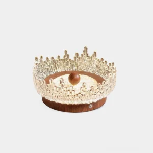 Dewdrop Halo LED table lamp overhead view with crystal acrylic droplets and walnut wood base on white background