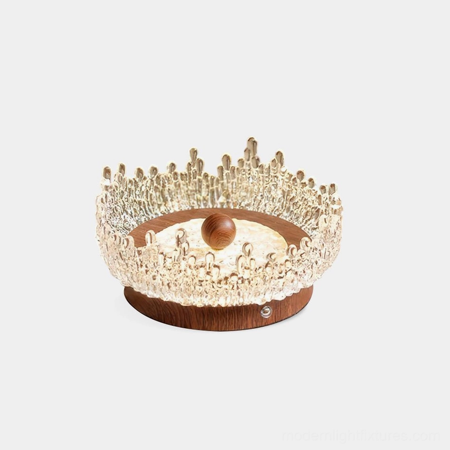 Dewdrop Halo LED table lamp overhead view with crystal acrylic droplets and walnut wood base on white background