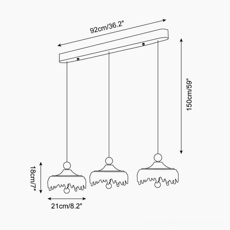 Triple Dewdrop Halo pendant lights technical drawing layout with 92cm track length