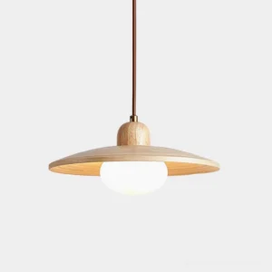 Deymos modern wooden pendant light with minimalist japandi design, natural wood finish with conical shade in studio setting