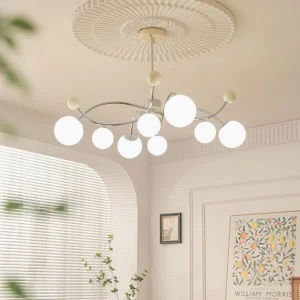 Multi-head glass globe chandelier installed in French pastoral living room ceiling - upward view
