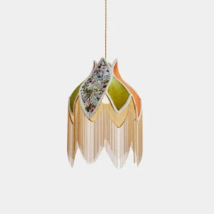 Diana bohemian fabric pendant light with petal-shaped patchwork design and mixed warm fabric tones, front studio view