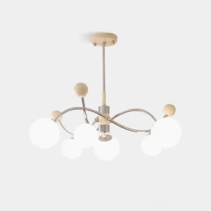 Diana modern glass globe chandelier with silver metal frame and frosted white spheres - front studio view