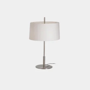 Diana Mayor modern table lamp with brushed chrome metal stem and off-white linen shade, front studio view showing tapered cone design