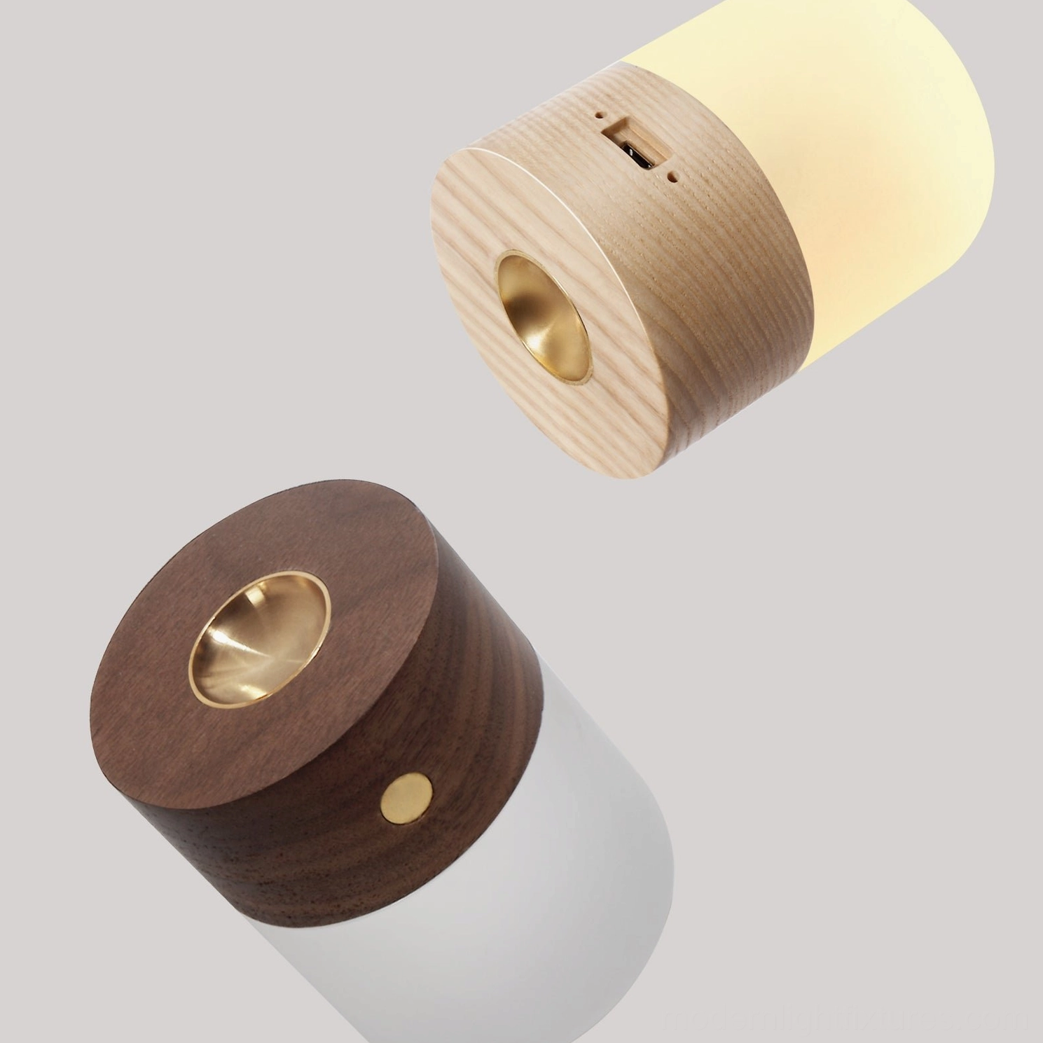 Walnut wood aroma diffuser lamp showing USB charging port and brass metal diffuser nozzle detail