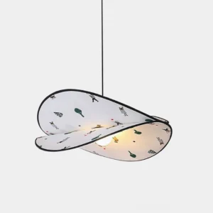 Dika twisted petal fabric pendant lamp with nature-inspired printed pattern, front view on white background