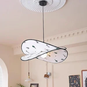 Modern pendant light installed on fluted ceiling canopy in residential living room, ceiling-mounted perspective