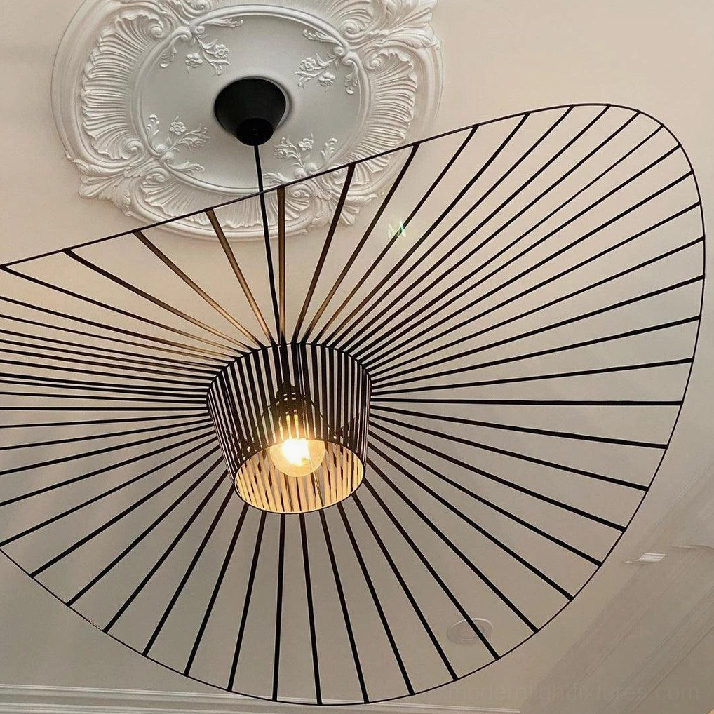 Woven fiber glass pendant with dimmable lighting creating atmospheric 30-40 percent intensity