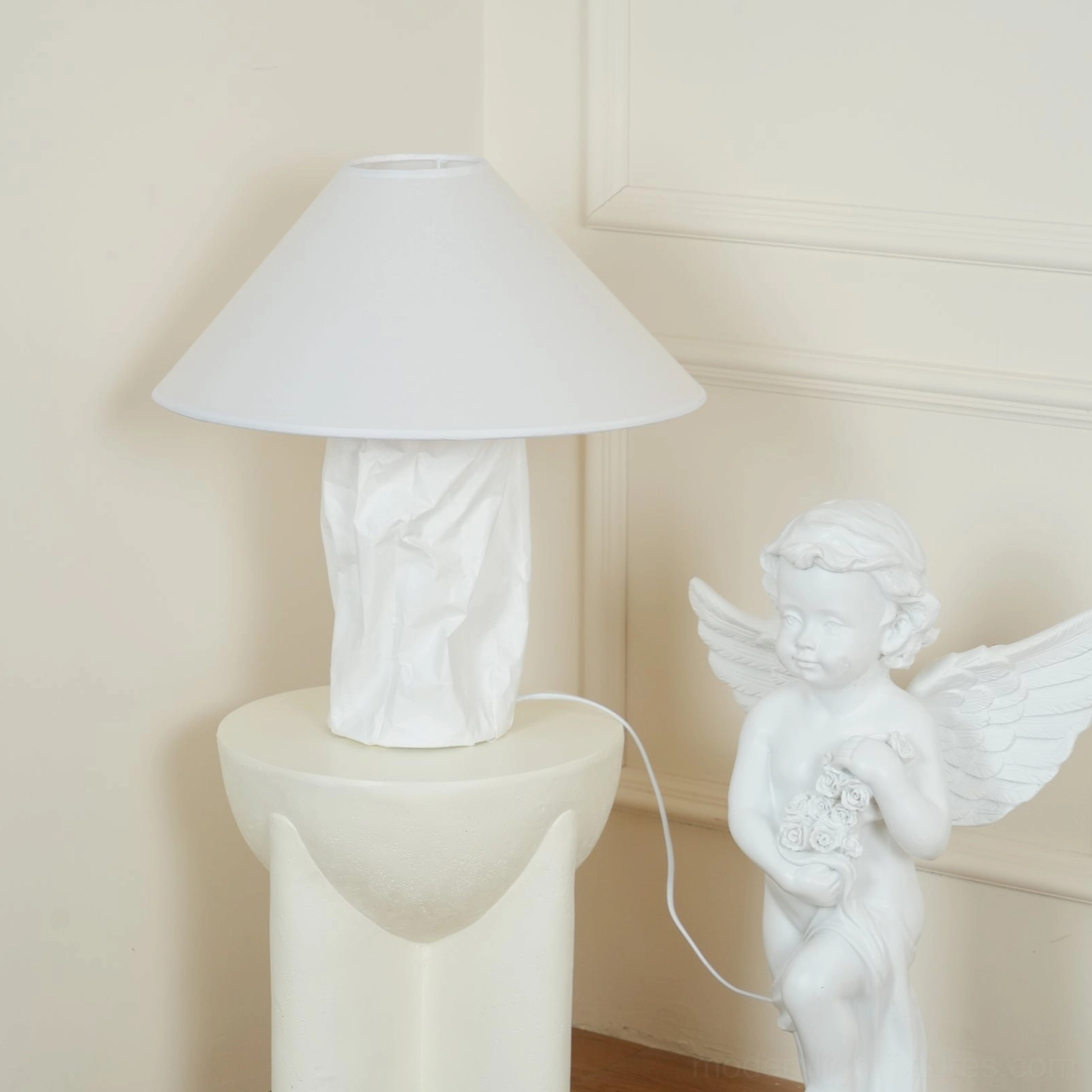 Dimmer-compatible designer table lamp with handcrafted crinkled paper construction