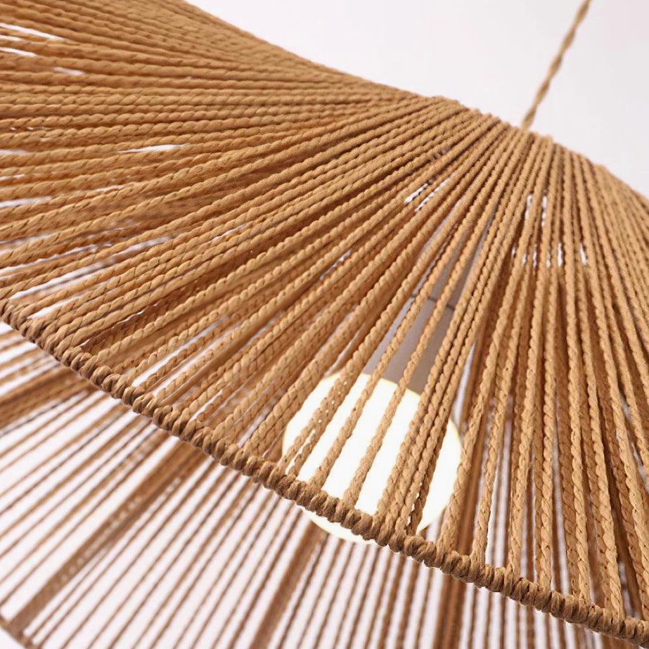 Woven hemp rope straw hat pendant fixture in warm lighting scenario with dimmer control ambiance