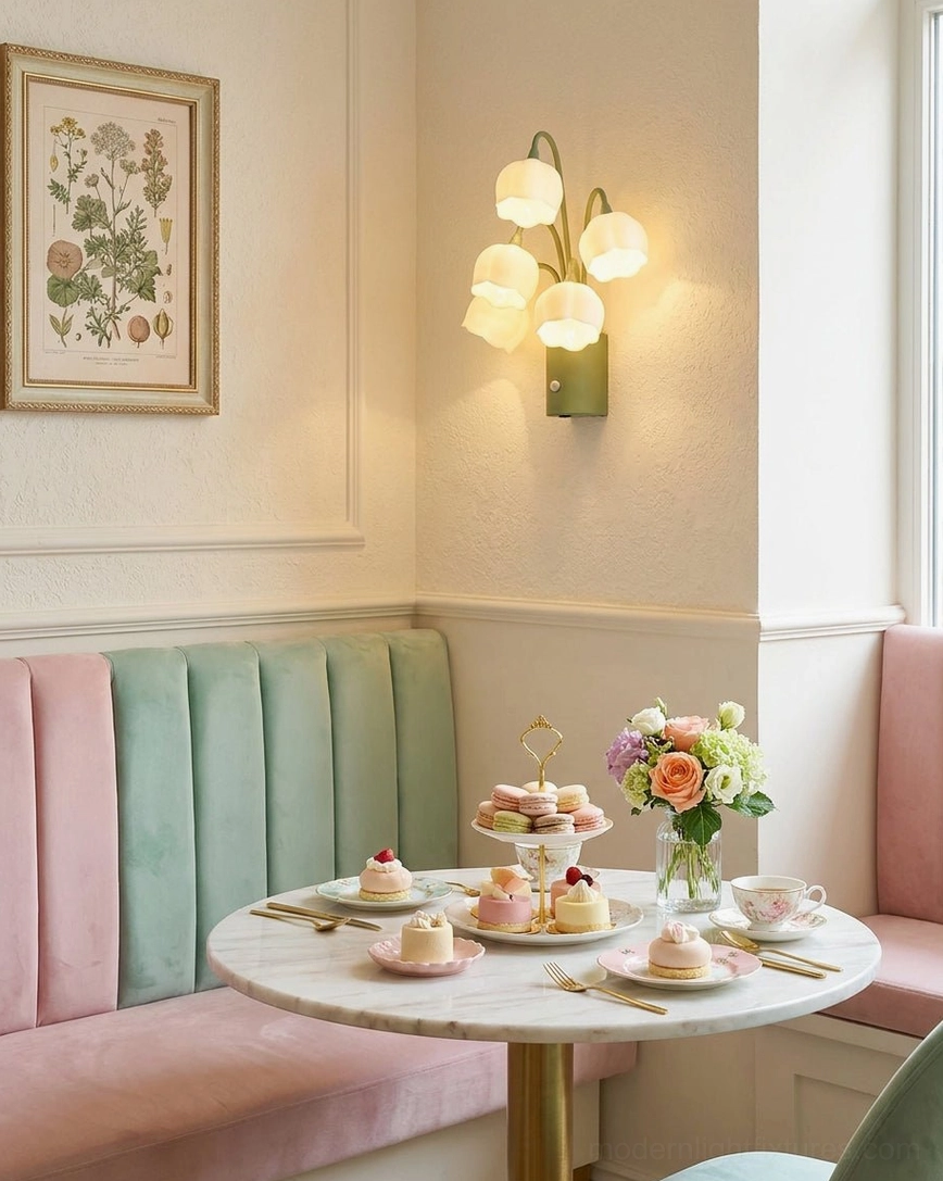 Pastel upholstered dining booth with round table featuring lily-of-the-valley wall sconce creating romantic casual dining ambiance