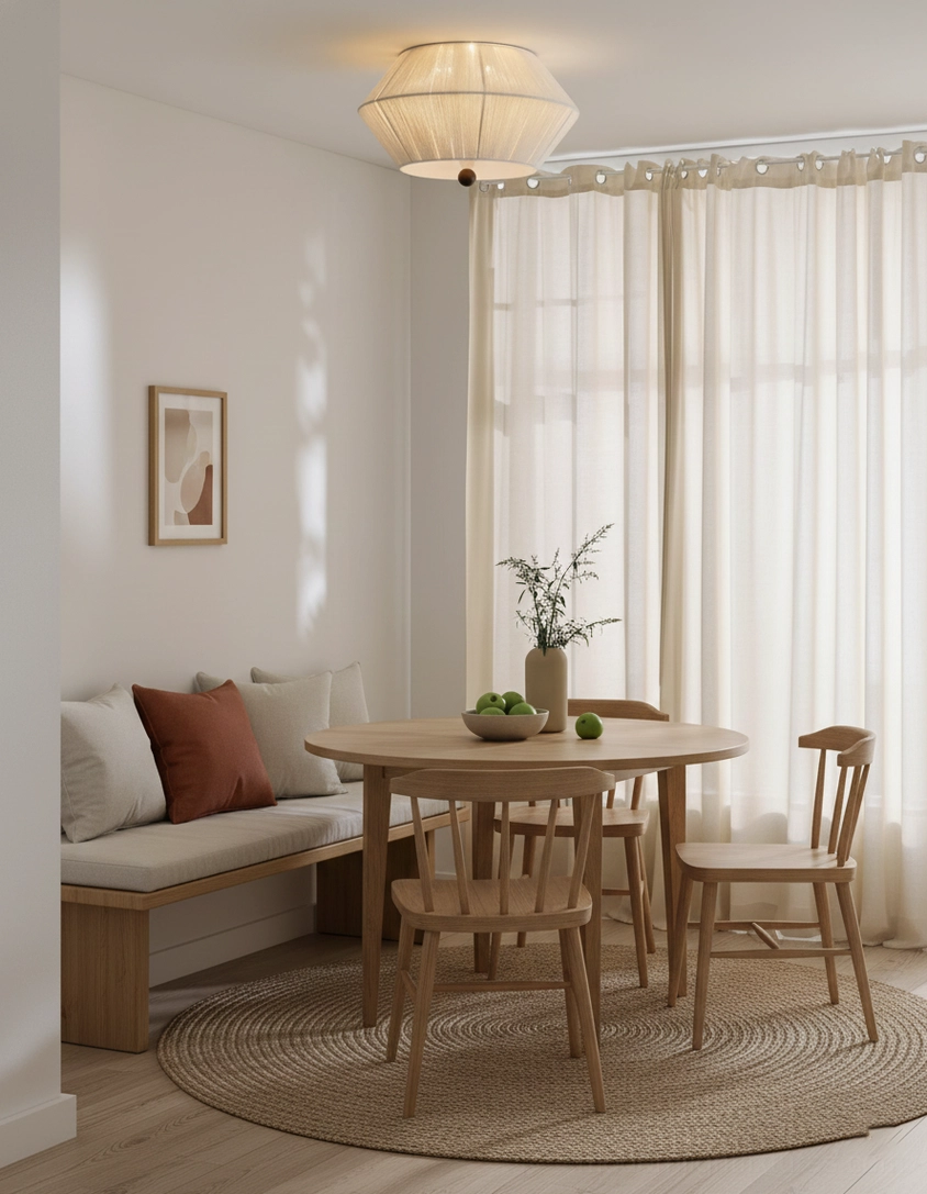 Modern ceiling light in cozy dining nook with round table, bench seating, and potted plant décor