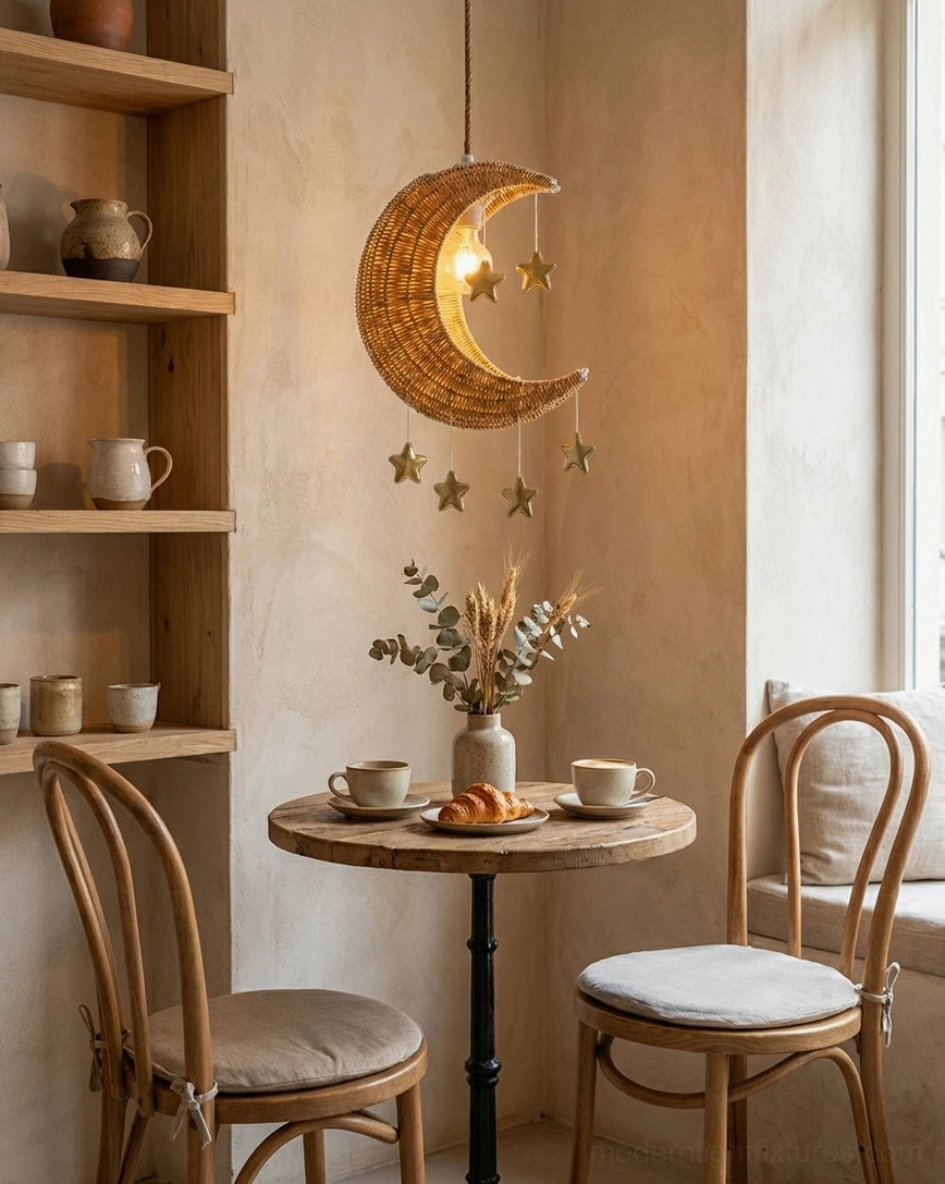 Rattan moon star pendant in rustic dining nook - warm boho hanging light over small dining area