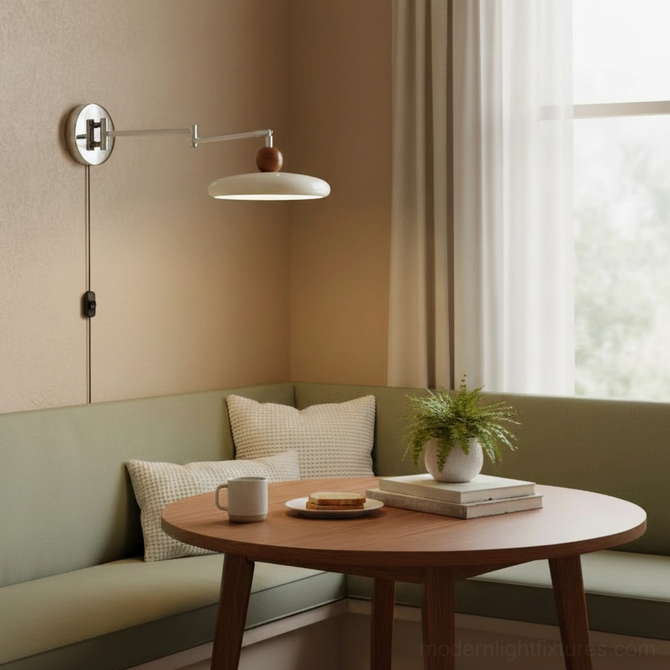 Plug-in wall sconce with white disc shade and polished chrome bracket mounted above dining booth seating, Nordic mid-century dining decor