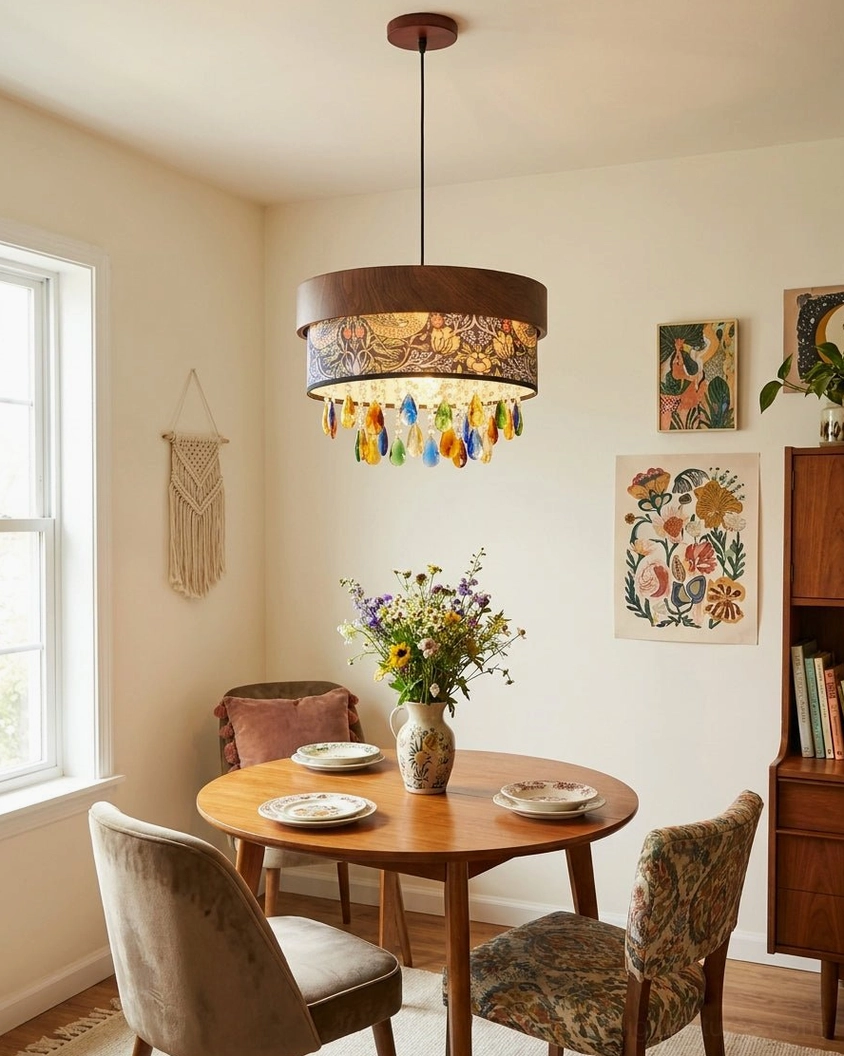 Dining room pendant light with crystal drops above round wooden table and place settings