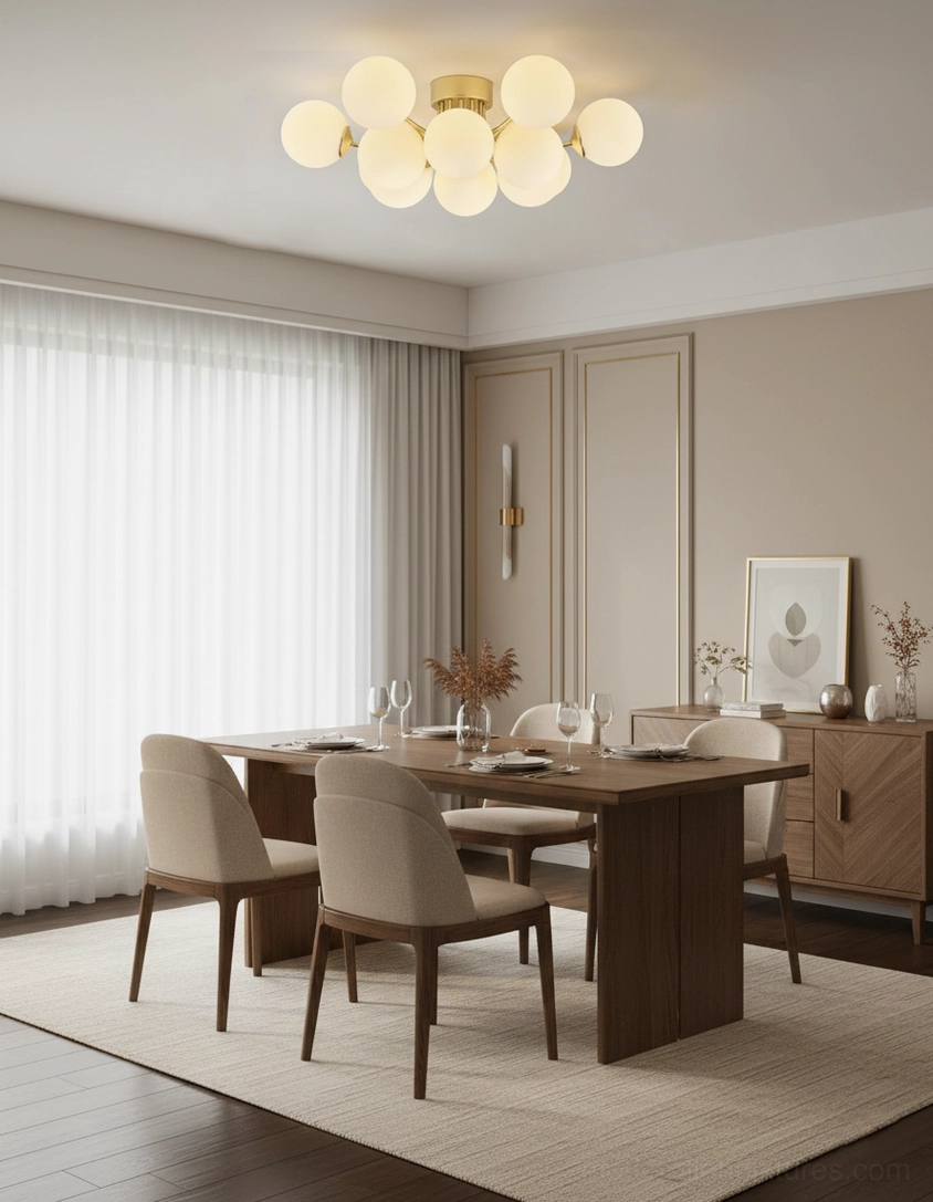 Mini multi-ball flush mount ceiling light in modern dining room with brass gold frame and glass shades