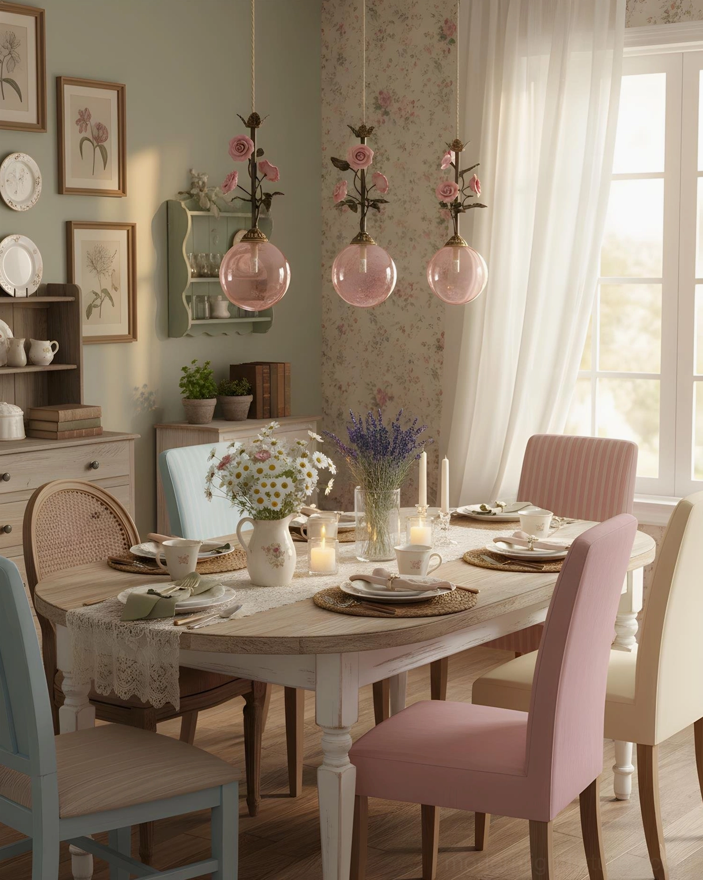 Set of floral pendant lamps above dining room table, formal dinner setting with botanical styling